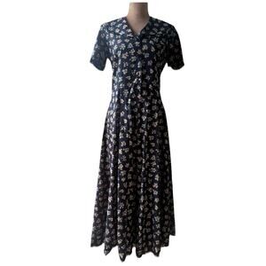 LAURA ASHLEY Vtg 80s Midi Floral Sailor Dress Drop Waist Blue Cottagecore Sz 10